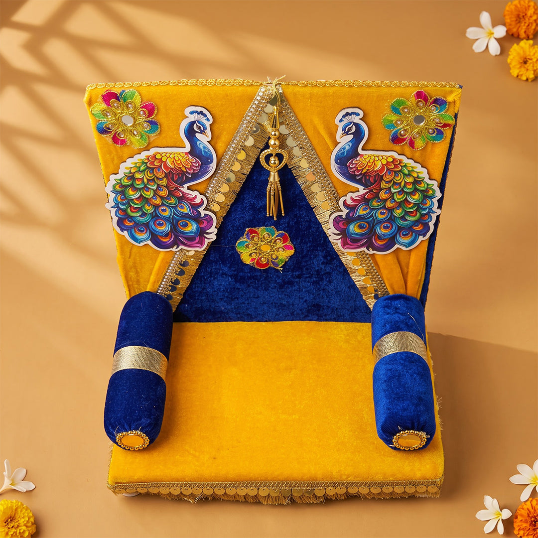 Shreeji Mor Pankhi Singhasan for Laddu Gopal | Yellow & Blue