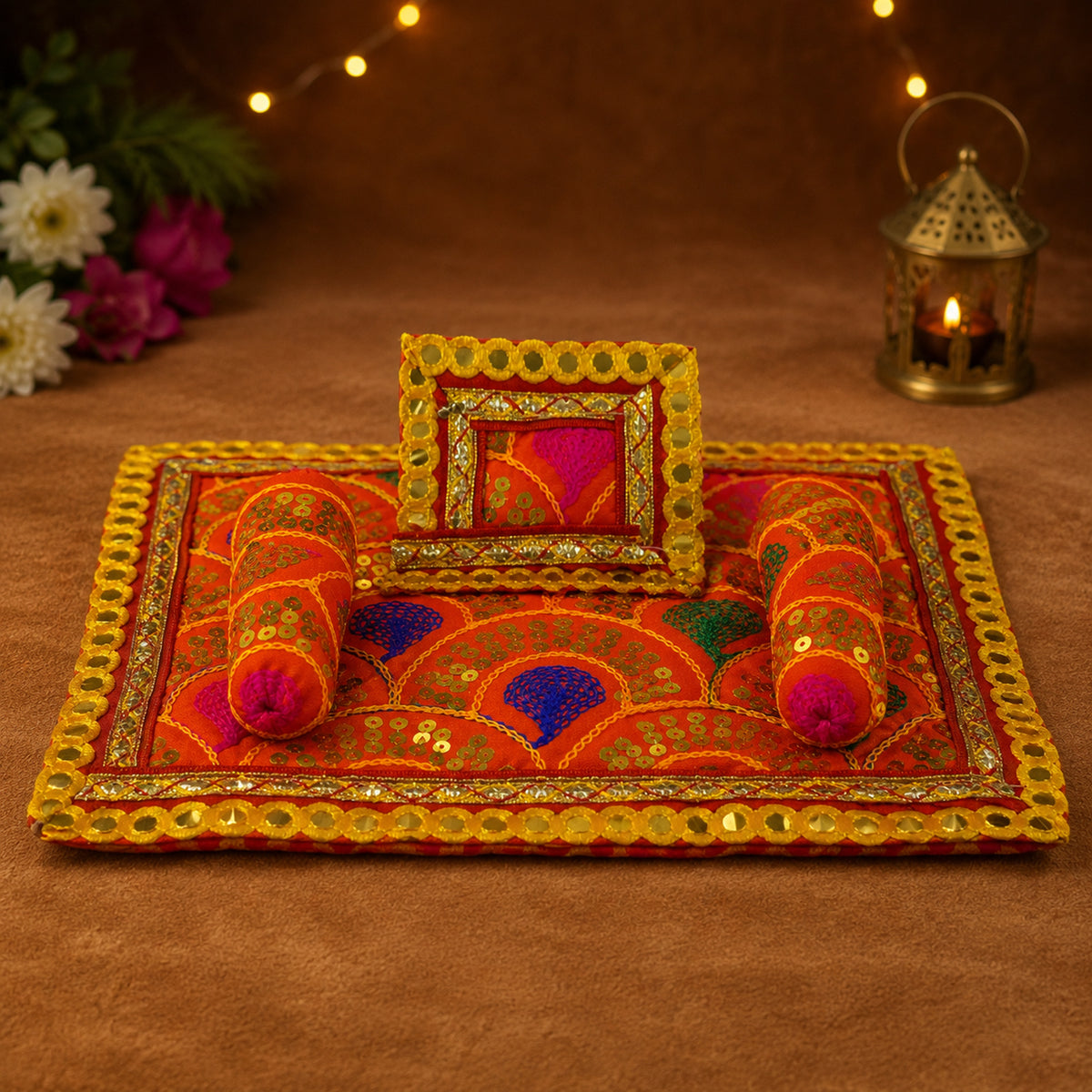 Ronak Bistar & Pillow Set | Orange & Pink, Set of 4