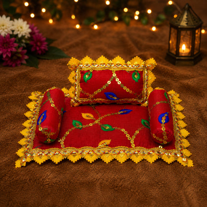 Mangal Bistar & Pillow Set | Red & Mustard, Set of 4