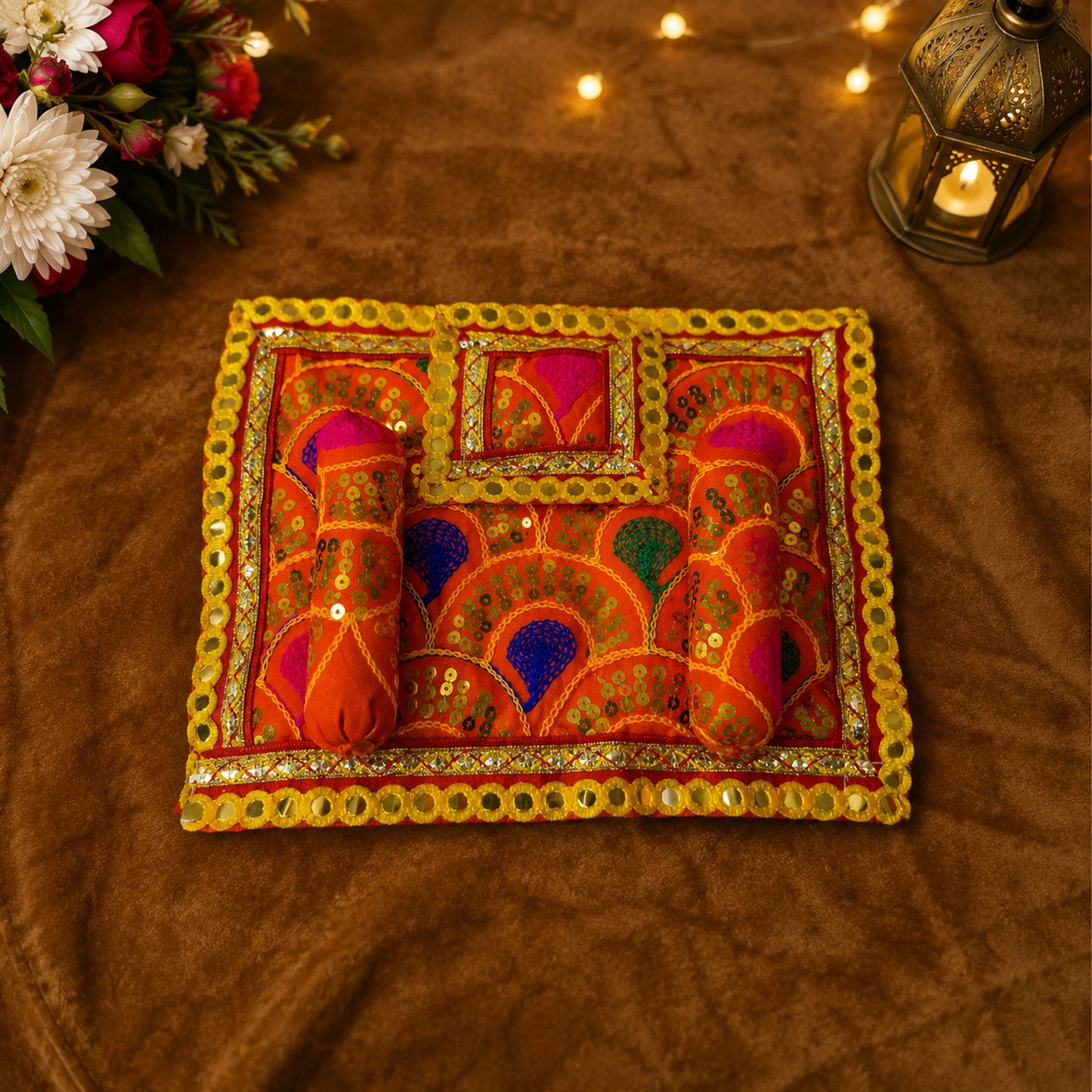 Ronak Bistar & Pillow Set | Orange & Pink, Set of 4