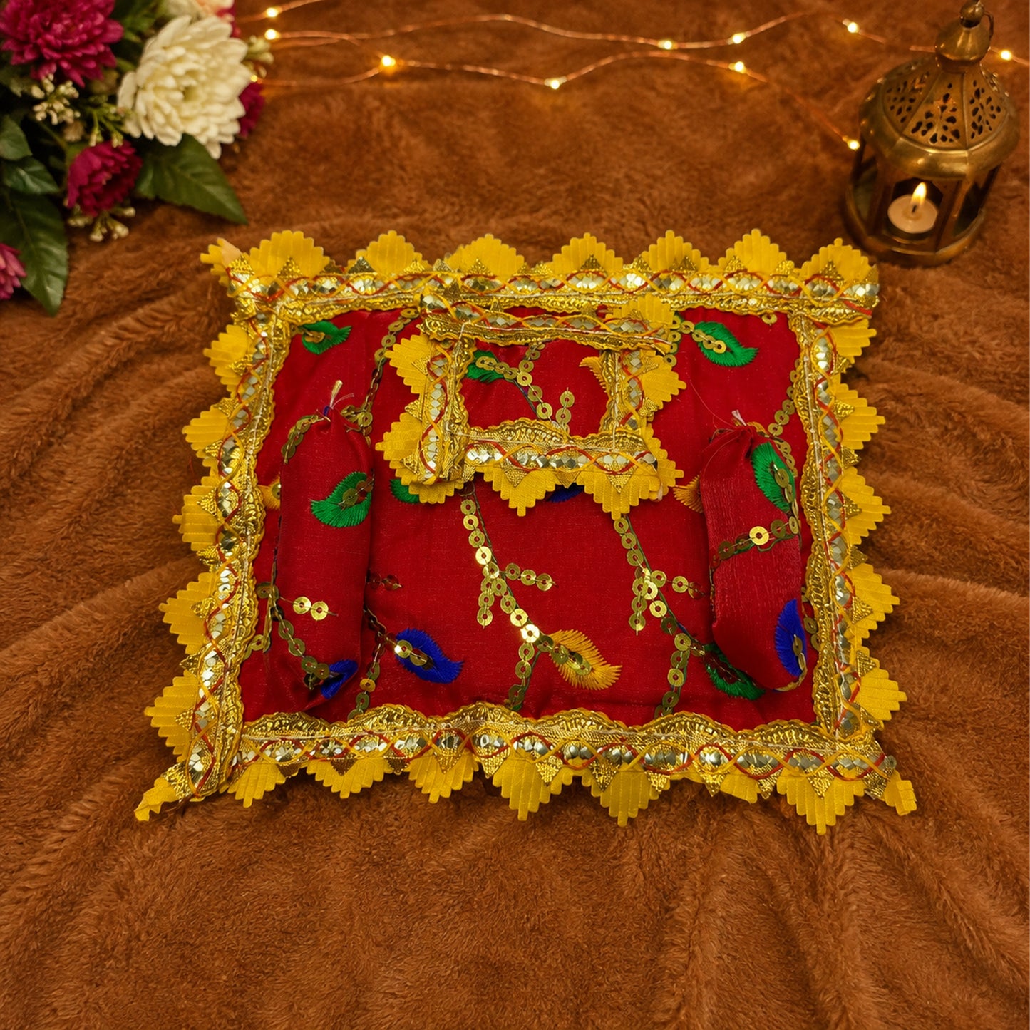Mangal Bistar & Pillow Set | Red & Mustard, Set of 4