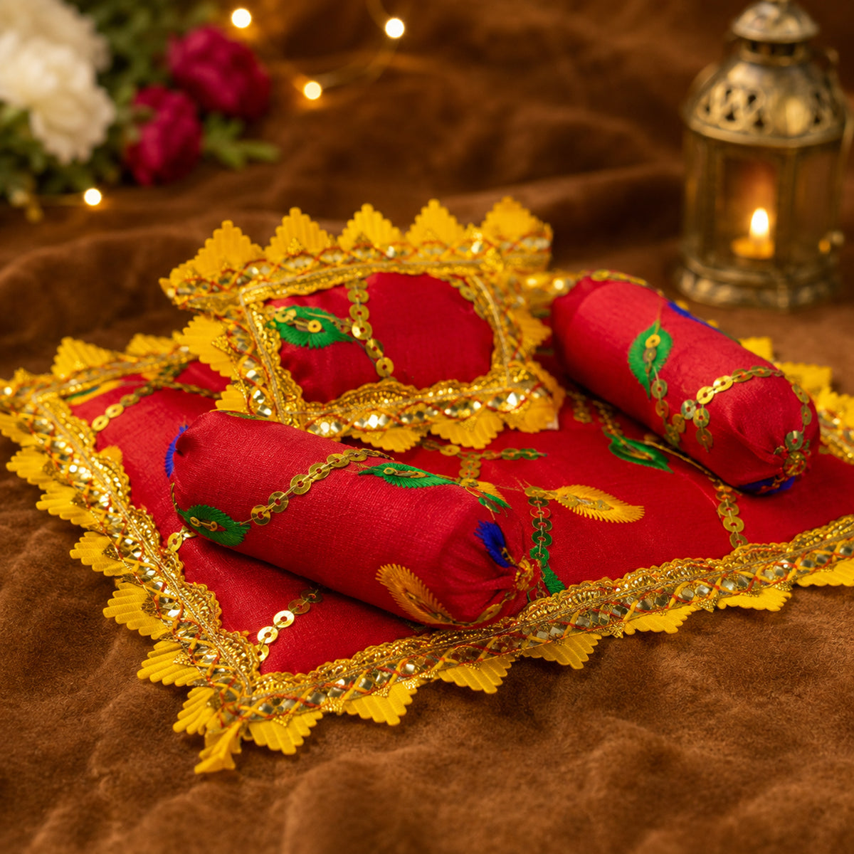 Mangal Bistar & Pillow Set | Red & Mustard, Set of 4