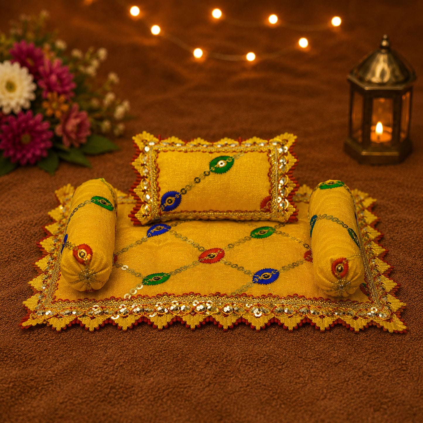 Phulwari Bistar & Pillow Set | Yellow & Red, Set of 4