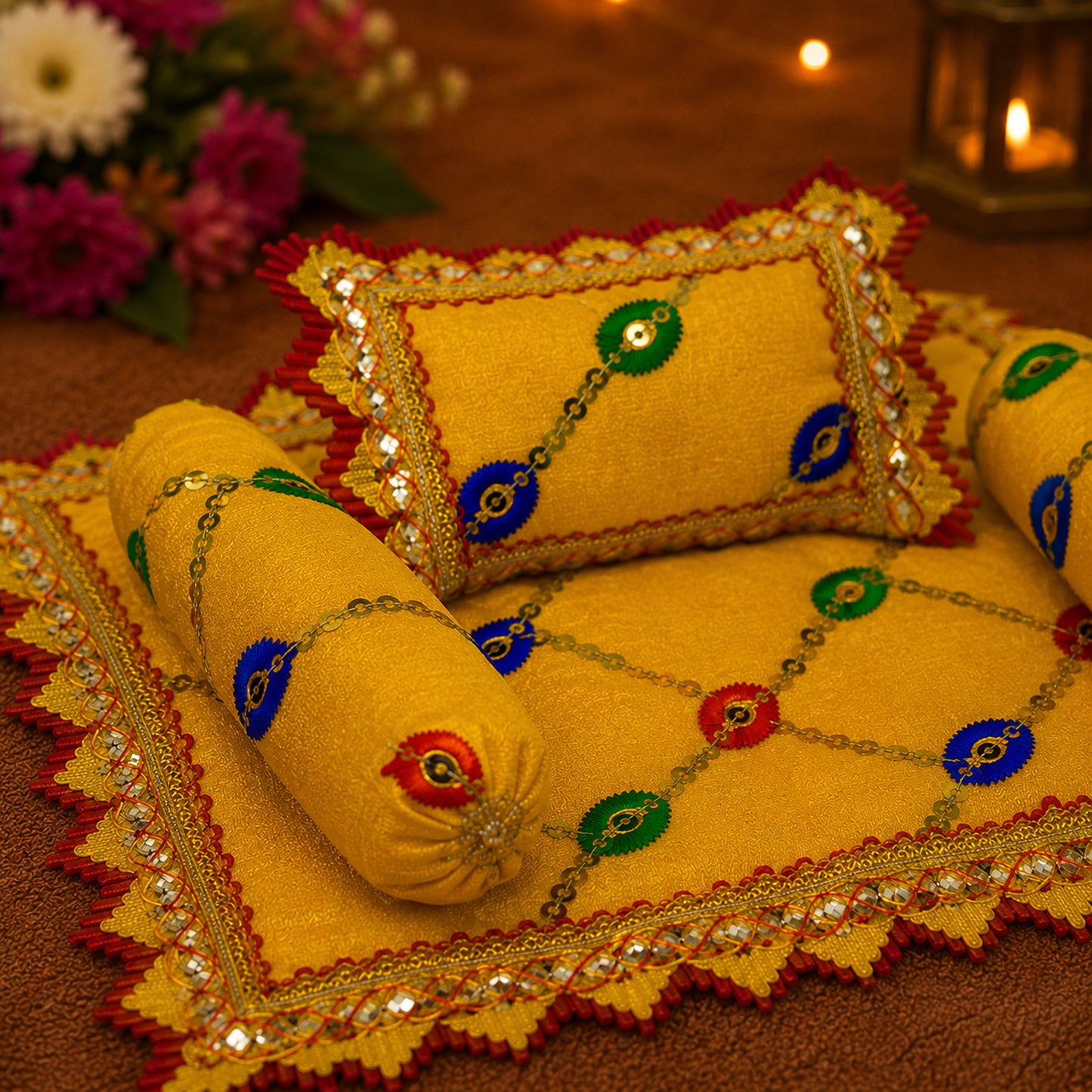 Phulwari Bistar & Pillow Set | Yellow & Red, Set of 4