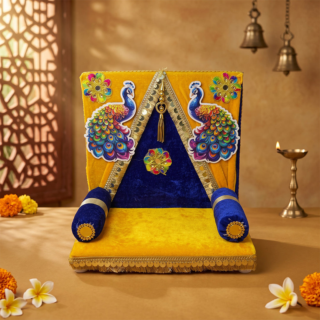 Shreeji Mor Pankhi Singhasan for Laddu Gopal | Yellow & Blue