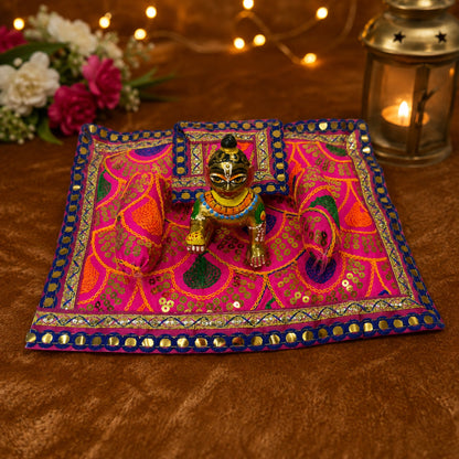 Rangoli Bistar & Pillow Set | Pink & Orange, Set of 4