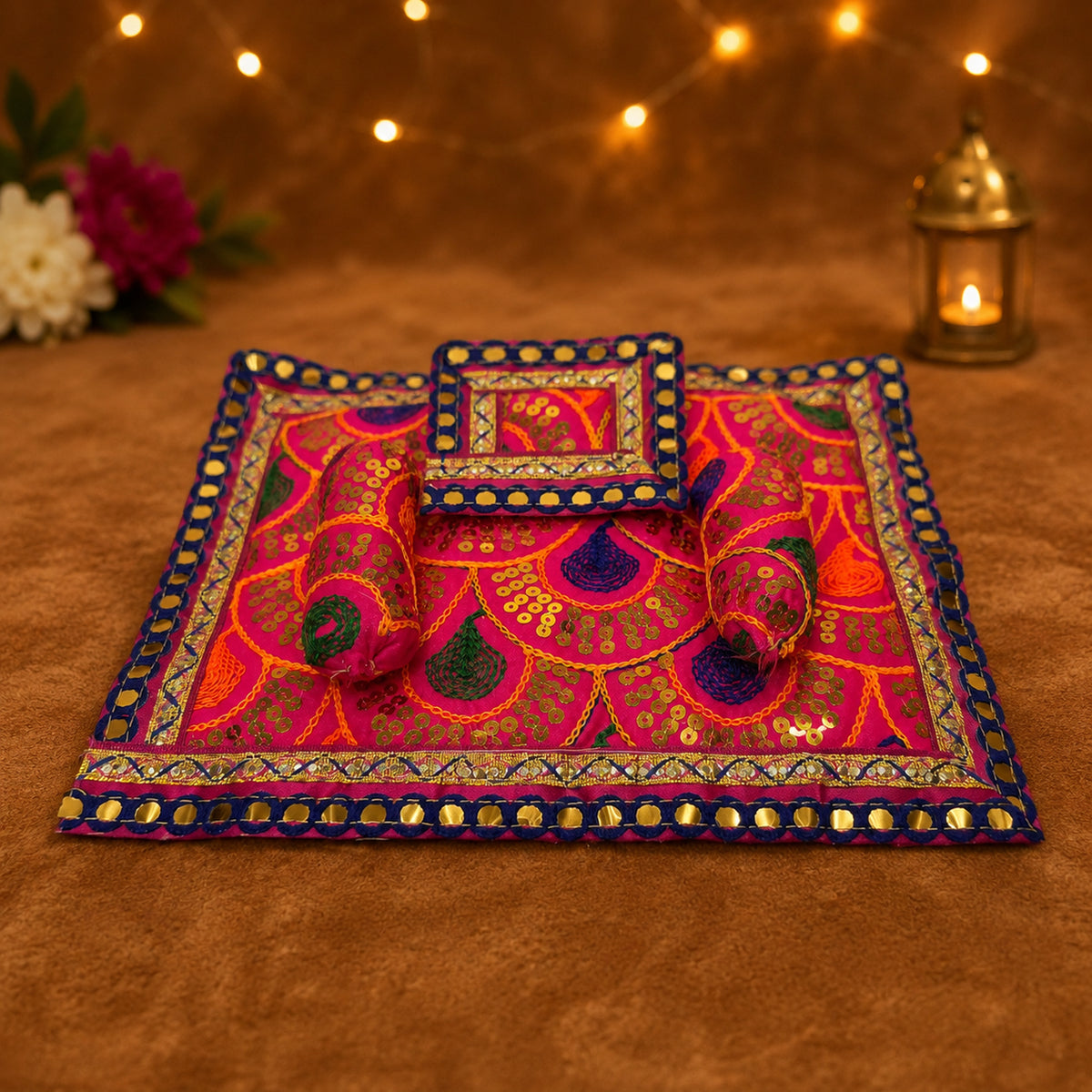 Rangoli Bistar & Pillow Set | Pink & Orange, Set of 4