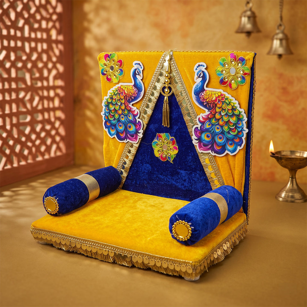 Shreeji Mor Pankhi Singhasan for Laddu Gopal | Yellow & Blue