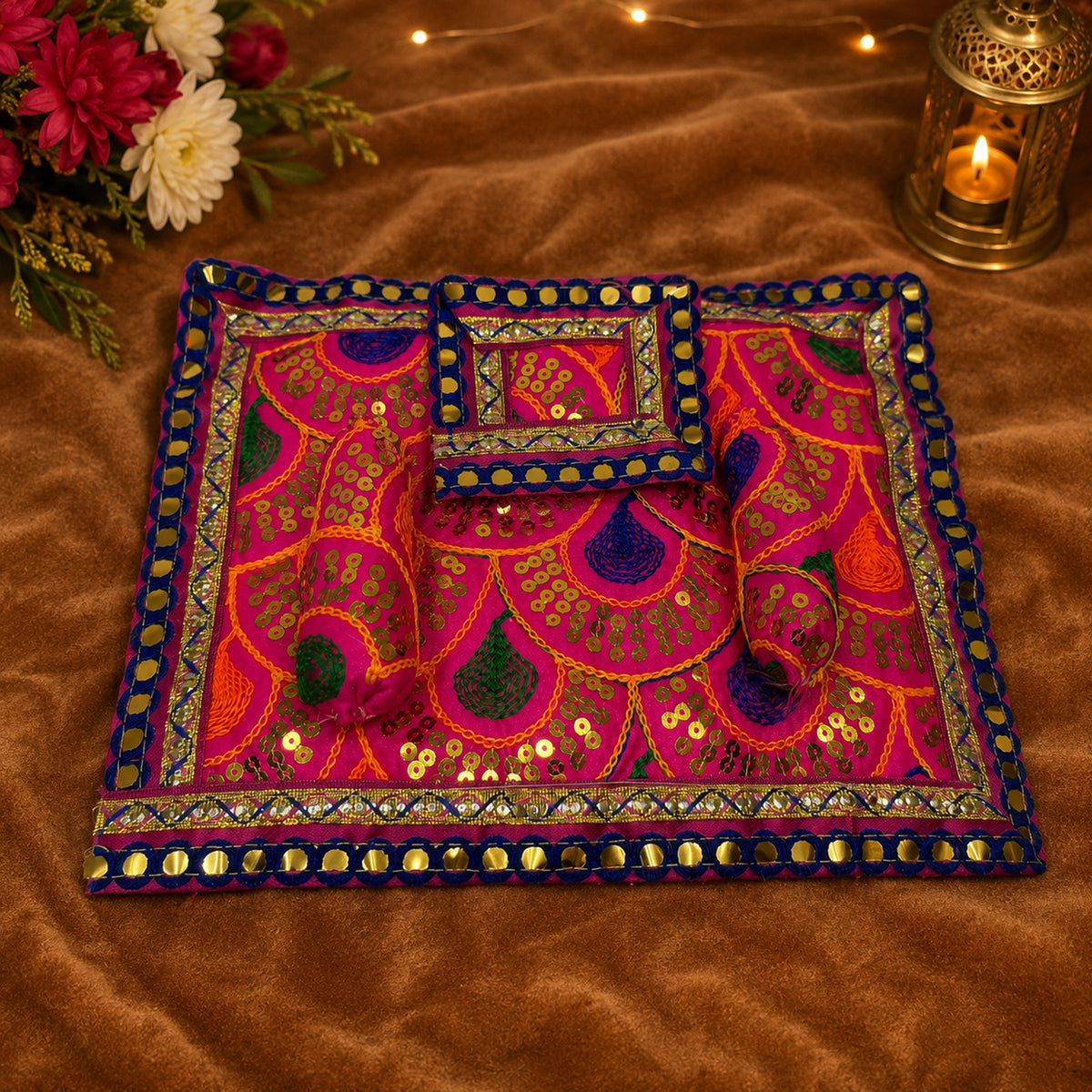 Rangoli Bistar & Pillow Set | Pink & Orange, Set of 4