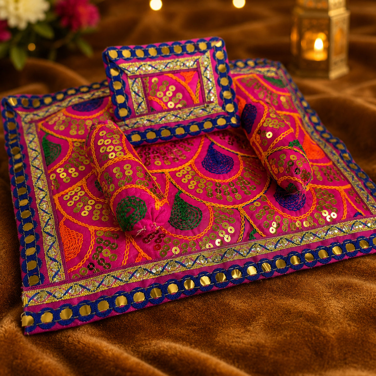 Rangoli Bistar & Pillow Set | Pink & Orange, Set of 4