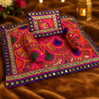Rangoli Bistar & Pillow Set | Pink & Orange, Set of 4