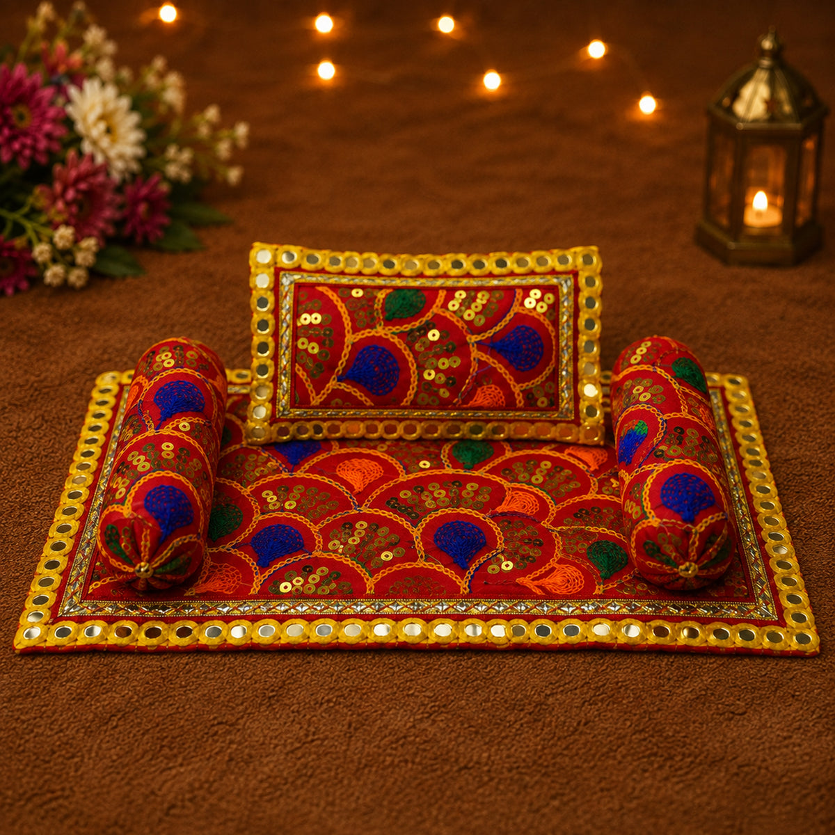 Shringar Bistar & Pillow Set | Red & Gold, Set of 4
