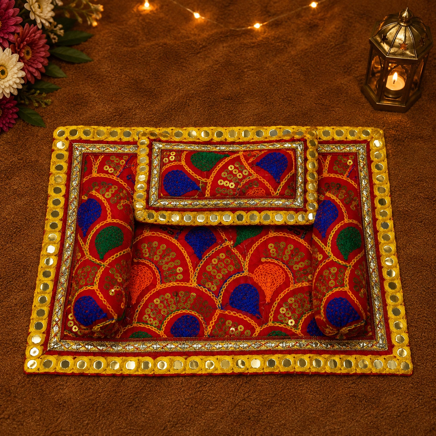 Shringar Bistar & Pillow Set | Red & Gold, Set of 4