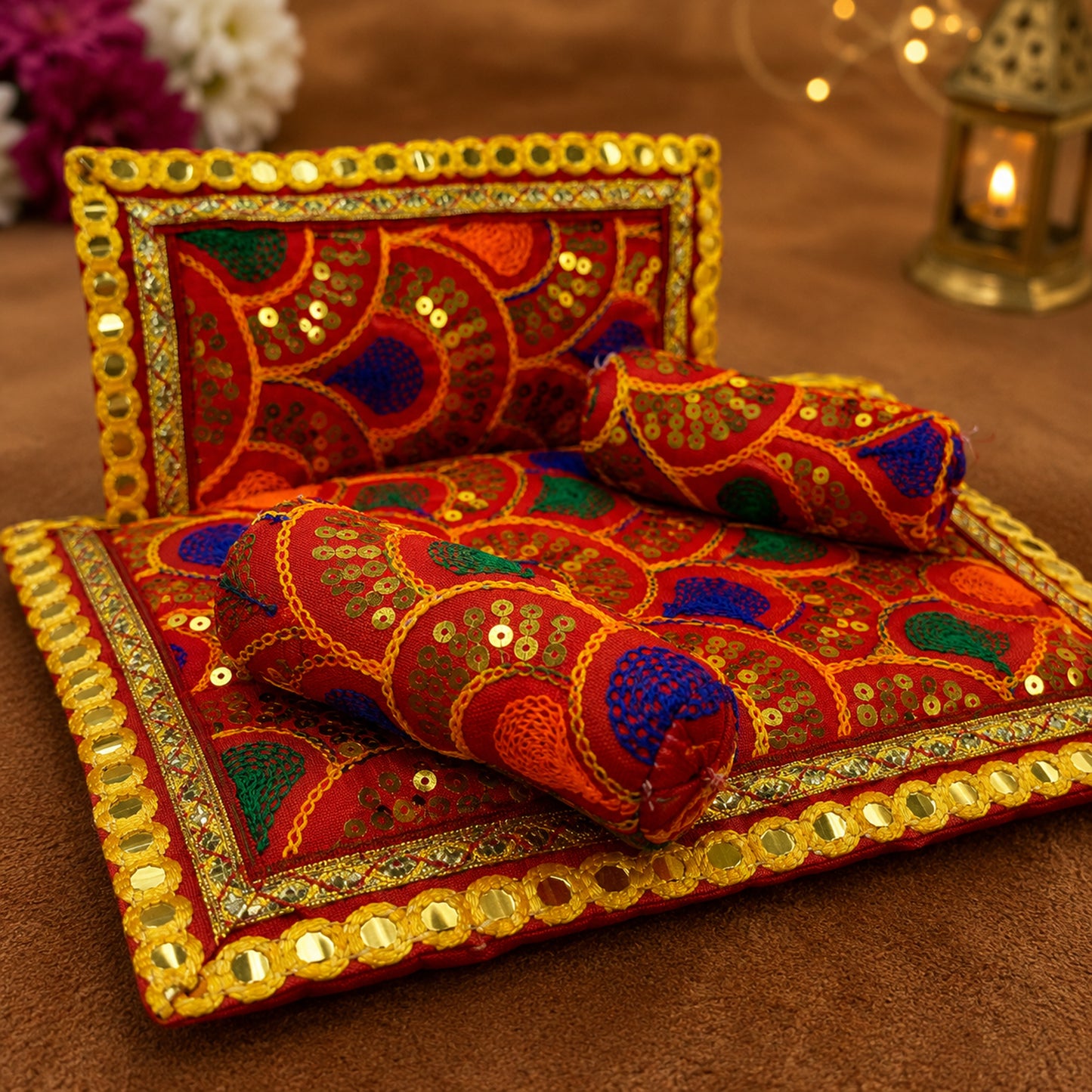 Shringar Bistar & Pillow Set | Red & Gold, Set of 4