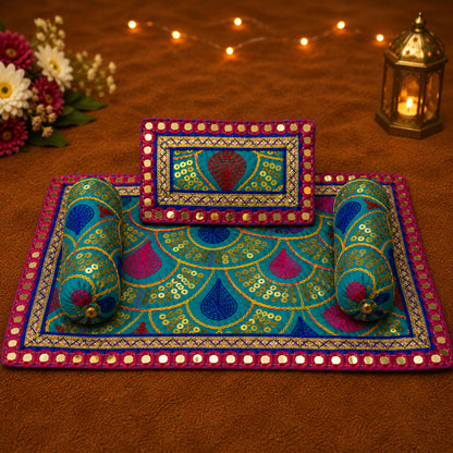Nikhar Bistar & Pillow Set | Teal & Purple, Set of 4