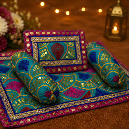 Nikhar Bistar & Pillow Set | Teal & Purple, Set of 4