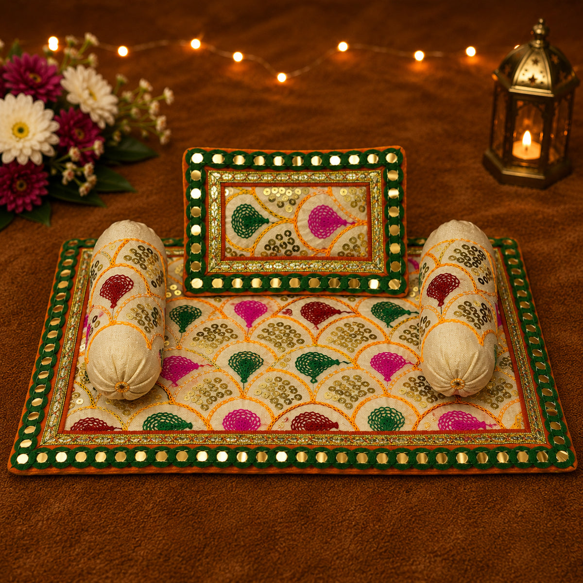 Chandni Bistar & Pillow Set | Cream & Green, Set of 4