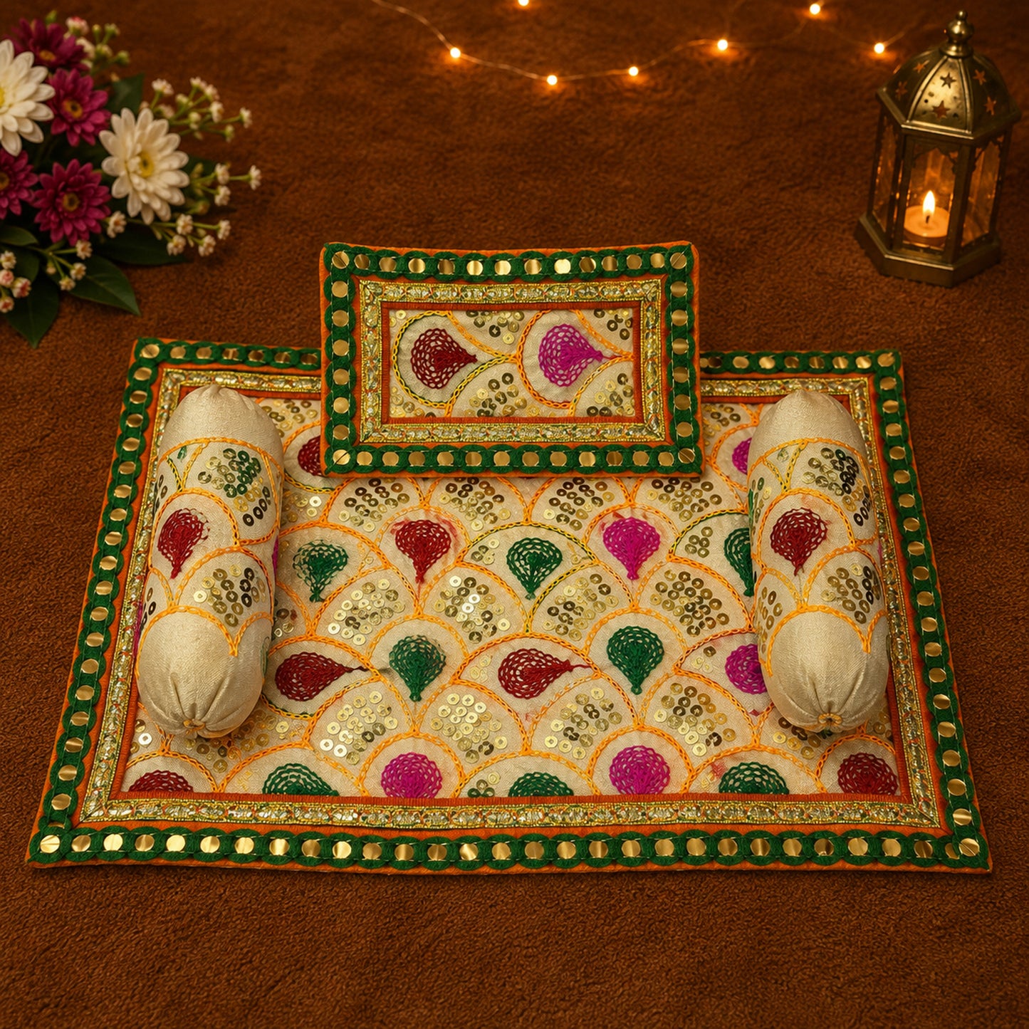 Chandni Bistar & Pillow Set | Cream & Green, Set of 4