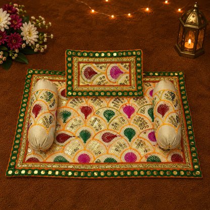 Chandni Bistar & Pillow Set | Cream & Green, Set of 4