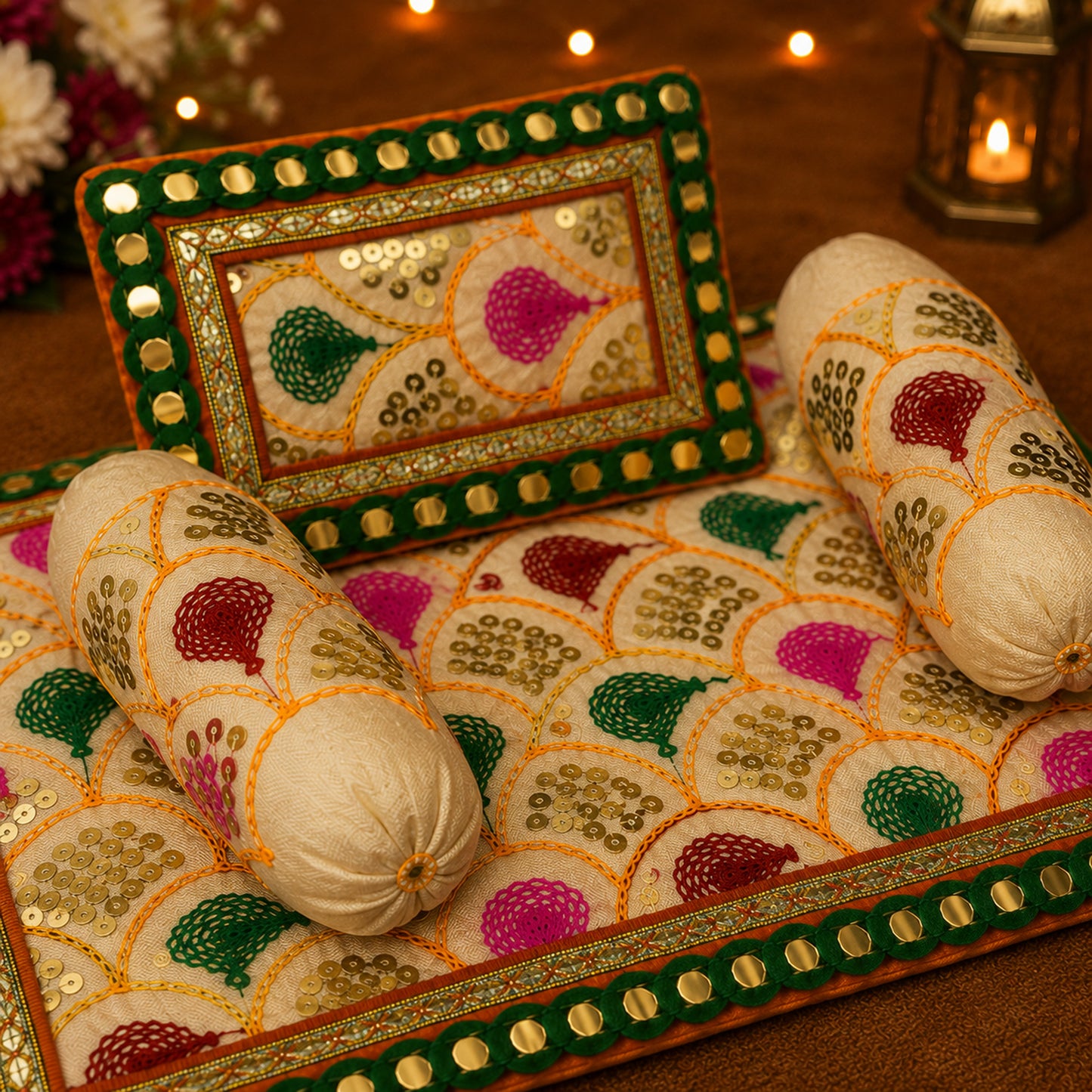 Chandni Bistar & Pillow Set | Cream & Green, Set of 4