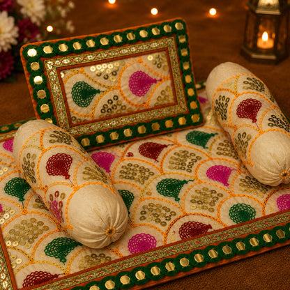 Chandni Bistar & Pillow Set | Cream & Green, Set of 4