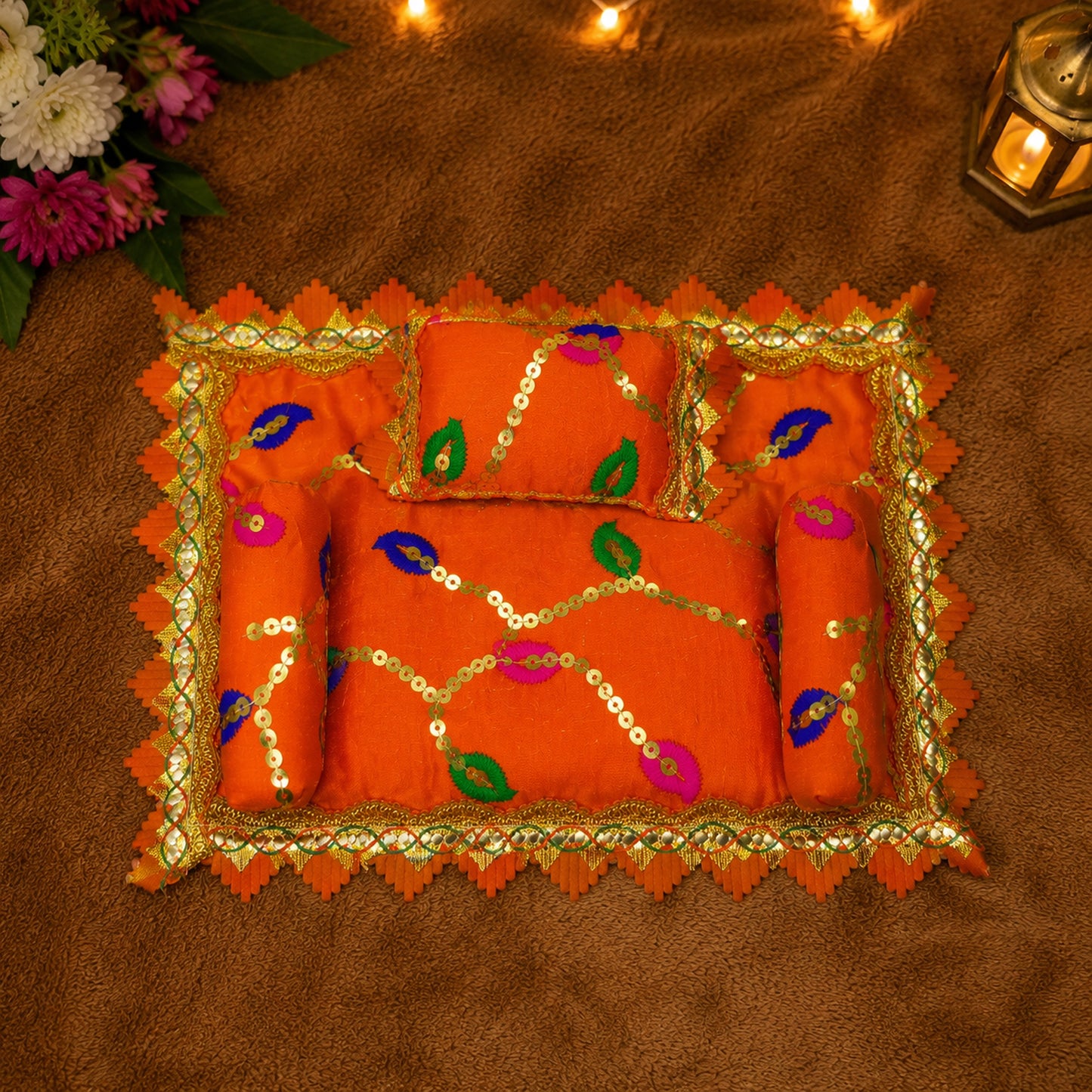 Sindoori Bistar & Pillow Set | Orange, Set of 4