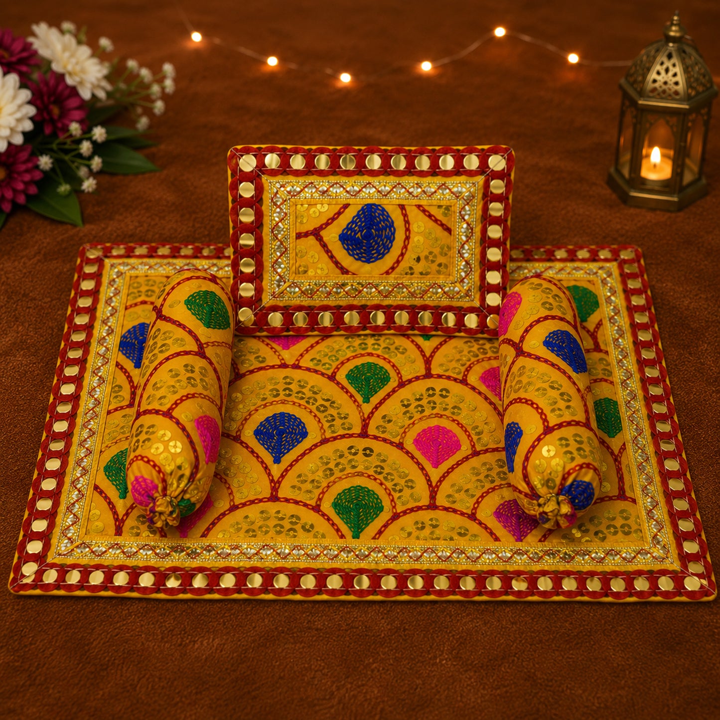 Bahar Bistar & Pillow Set | Red & Multicolour, Set of 4