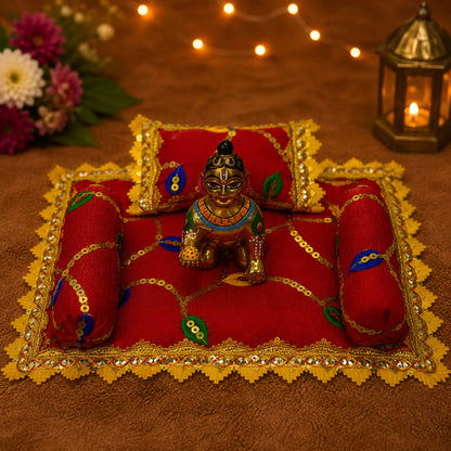 Mangal Bistar & Pillow Set | Red & Mustard, Set of 4