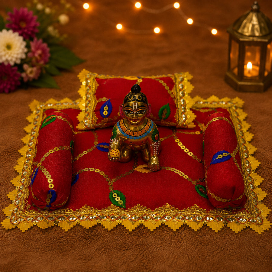 Mangal Bistar & Pillow Set | Red & Mustard, Set of 4