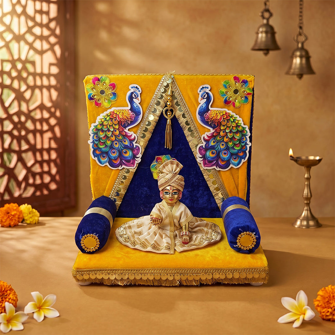 Shreeji Mor Pankhi Singhasan for Laddu Gopal | Yellow & Blue